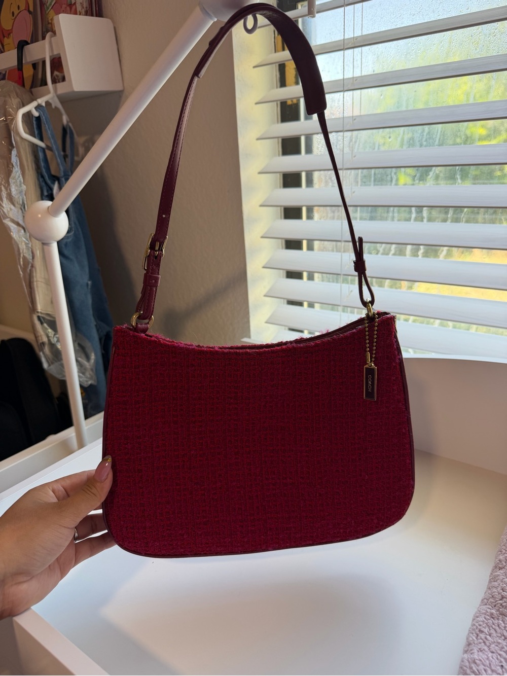 Coach Deep Berry Tweed Shoulder Bag with Gold Accent